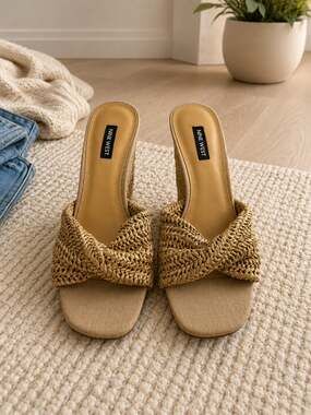 Nine West Raffia Wedge Slide Sandals Tan Braided Mule Heels Women’s 7.5M